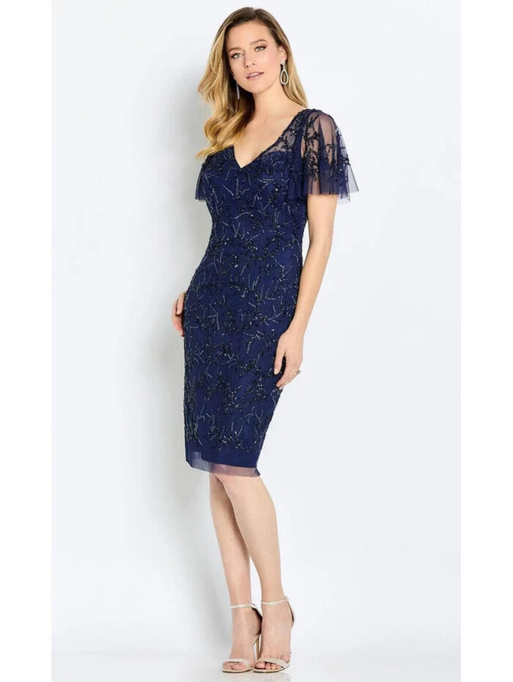 Cameron Blake Navy Beaded Cocktail Midi Dress Flutter Sleeves sz 14 NWT Modest